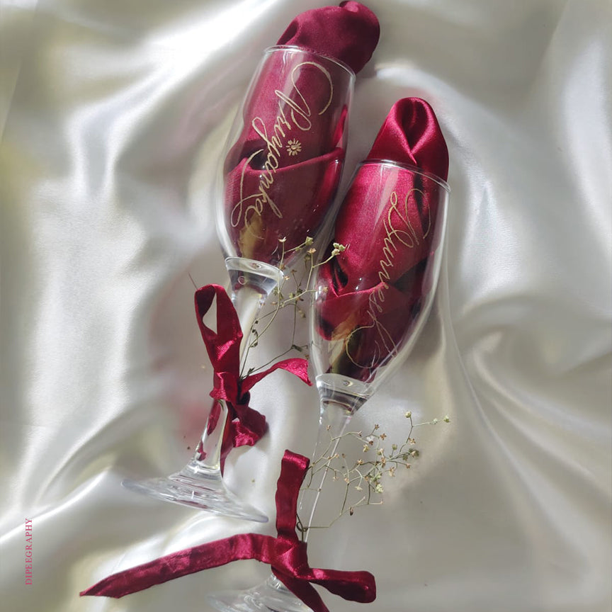 Pair of Hand Engraved Flute /Wine Glass to celebrate love and friendship
